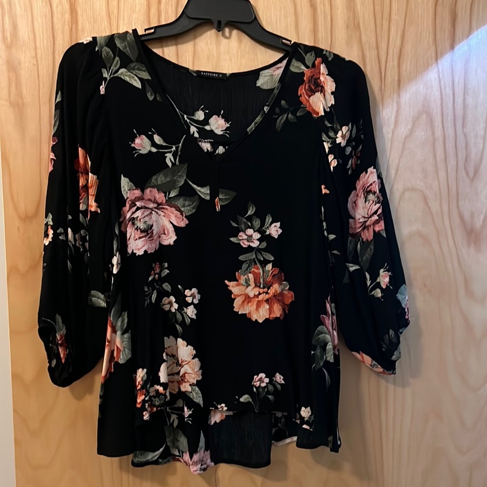 Black with Rose Floral, V Neck 3/4 Blouson Sleeve 100% Rayon